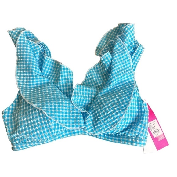 Lilly Pulitzer Arlin Bikini Top Crinkle Gingham Swim Turquoise Oasis - Picture 3 of 6